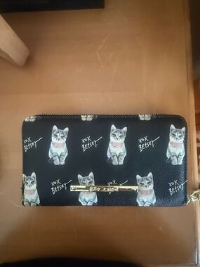 Betsey Johnson Black Cat Print Wallet with Pink Accents